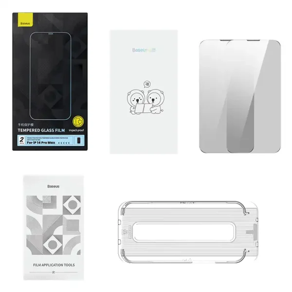 Privacy tempered Glass Baseus Iphone 14 Pro Max (2pcs) with 2 cleaning kits and dust-proof installation tool - Image 2
