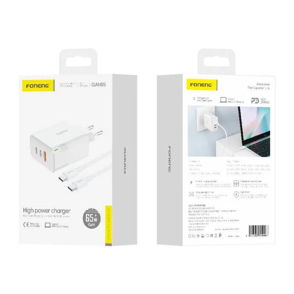 Charger Foneng GAN65 USB-A, 2x USB-C GaN 65W with USB-C cable — изображение 2