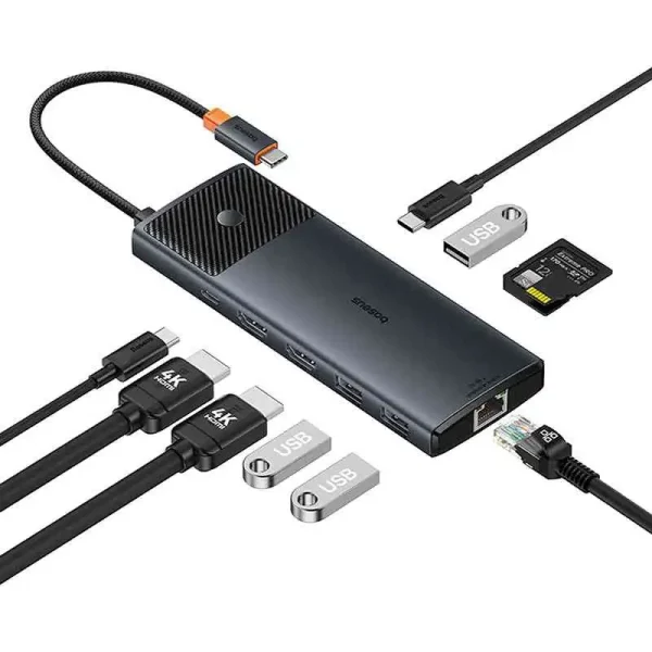 Adapter Hub 10in1 Baseus USB-C - 2xHDMI, 3xUSB-A, USB-C, RJ45, SD/TF, PD (black) - Image 5