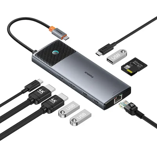 Adapter Hub 10in1 Baseus 2x HDMI, USB-C, 3xUSB-A+RJ45+SD/TF, PD  (grey) - Image 6