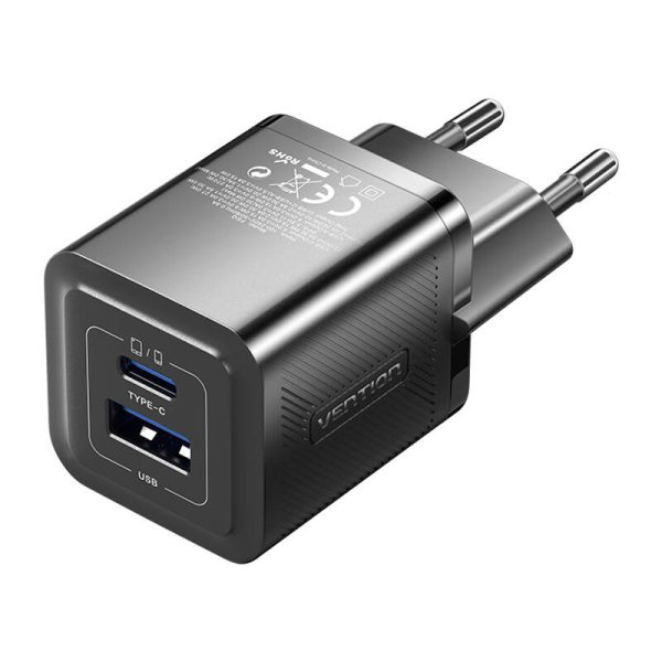 Wall charger, Vention, FEQB0-EU,  USB-C, USB- A, 30W/30W, GaN (black) - Image 2