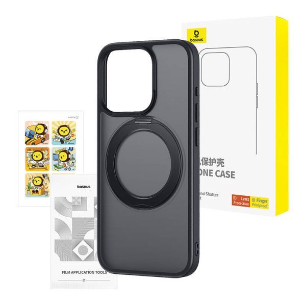 Phone Case Baseus SkyRing Magnetic with Stand for iP 15 Pro + tempered-glass and cleaning kit (black) - Image 5