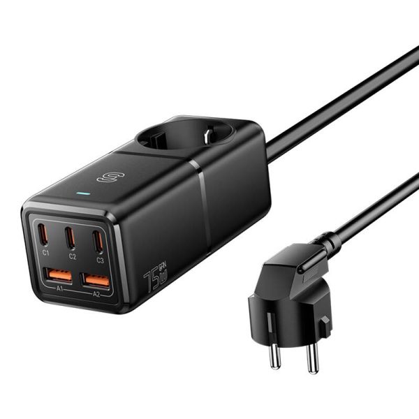 Wall charger, Essager, ECTAC-BRB01-Z, GaN, 3xUSB-C, 2xUSB-A, Gniazdko AC, 75W (black) - Image 2