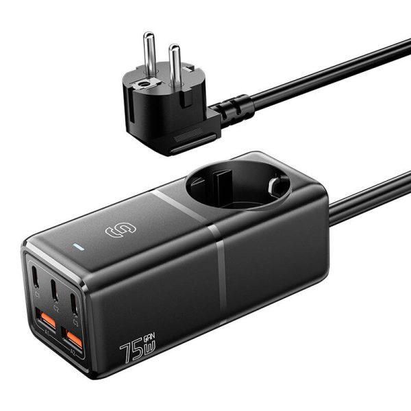 Wall charger, Essager, ECTAC-BRB01-Z, GaN, 3xUSB-C, 2xUSB-A, Gniazdko AC, 75W (black) - Image 3