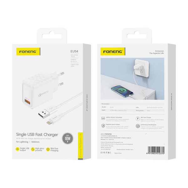 Foneng EU54 18W USB-A, 3A mains charger (White) + USB-A to Lightning cable — изображение 3