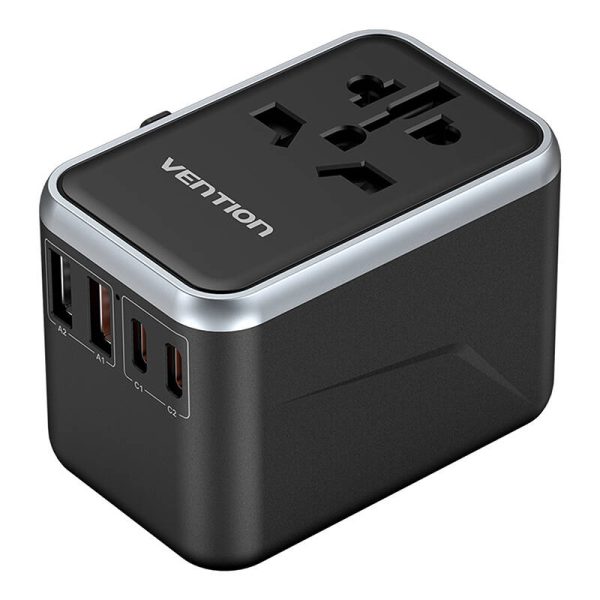 Vention FJFB0 GaN 2xUSB-C 2xUSB-A Universal Travel Adapter 65W (black) - Image 3