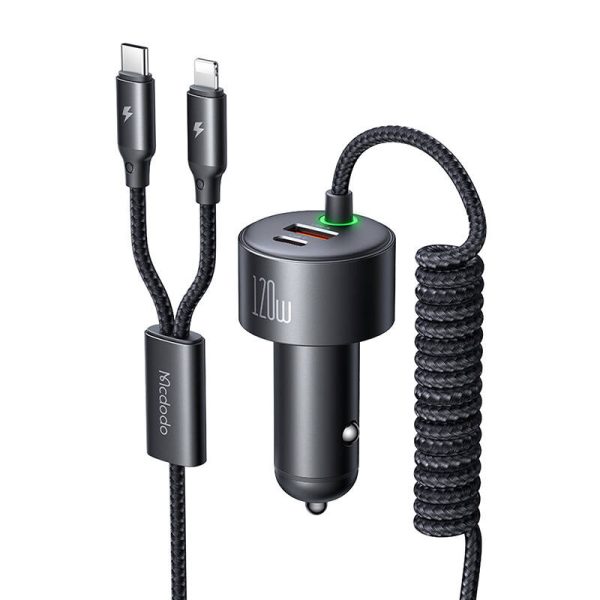 Mcdodo CC-0370 car charger, USB-C, Lightning, 120W, retractable cables - Image 2