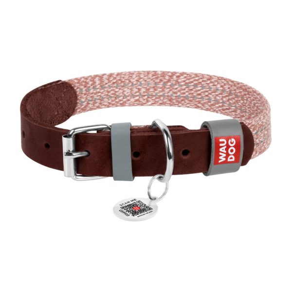 Dog collar made of natural leather and recycled material with QR code Waudog size M, width 20 mm, brown - Image 2