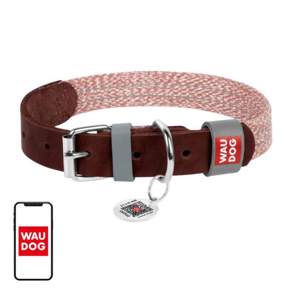 Dog collar made of natural leather and recycled material with QR code Waudog size L, width 25 mm, brown - Image 3