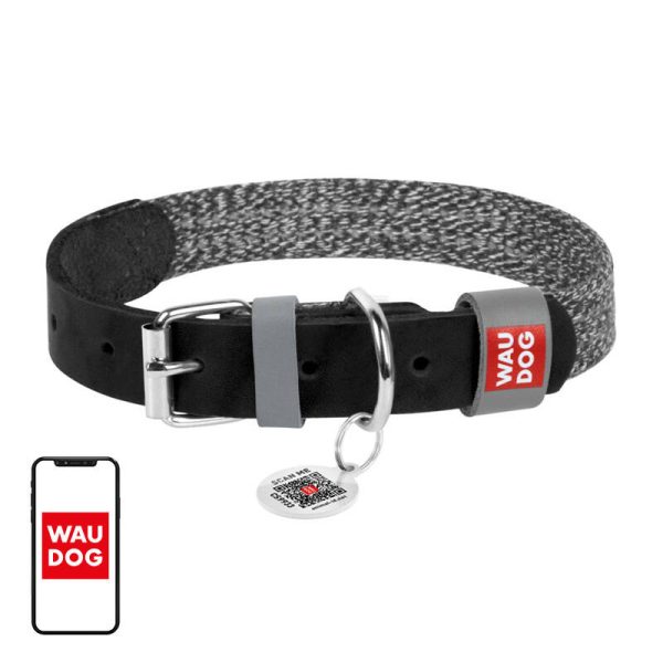 Dog collar made of natural leather and recycled material with QR code Waudog size L, width 25 mm, black - Image 2