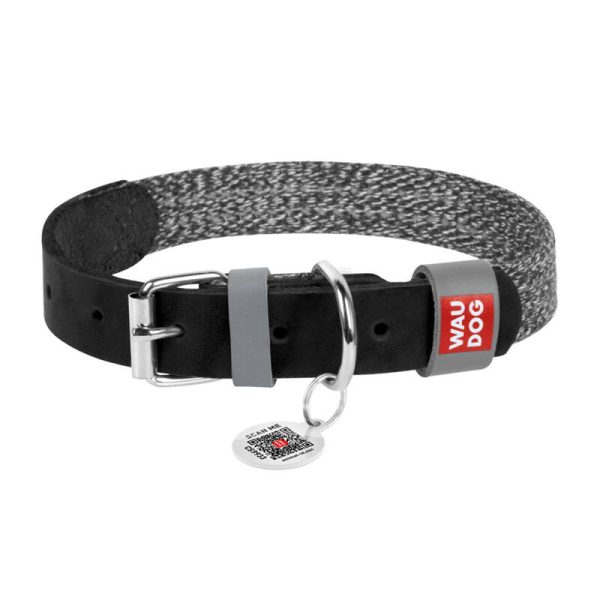 Dog collar made of natural leather and recycled material with QR code Waudog size L, width 25 mm, black - Image 3