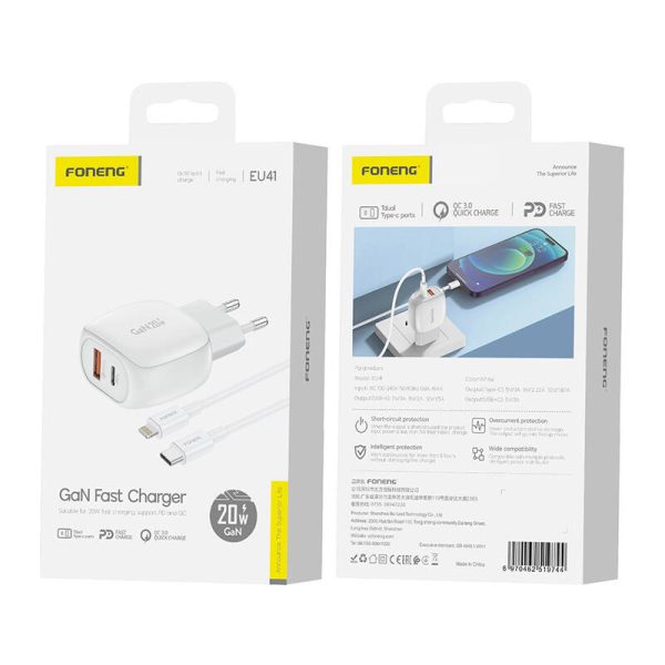 Foneng EU41 USB-C+USB-A 20W network charger + USB-C - Lightning cable (white) - Image 2