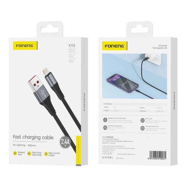 Foneng X112 USB-A to Lightning cable 2.4A, 1m (black) - Image 2