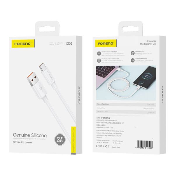 USB-A to USB-C cable Foneng X108 3A, 1m (white) - Image 2