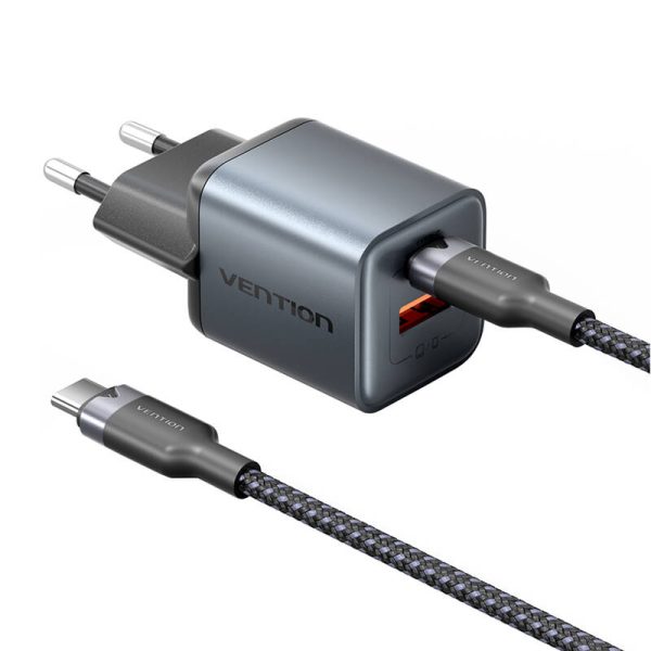 GaN Vention USB-C+A 30W Charger + USB-C-C Cable 1m (Gray) - Image 3