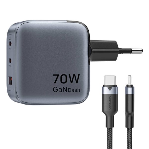 GaN Vention USB-C+C+A 70W Charger + USB-C-C Cable 1m (Gray) - Image 3