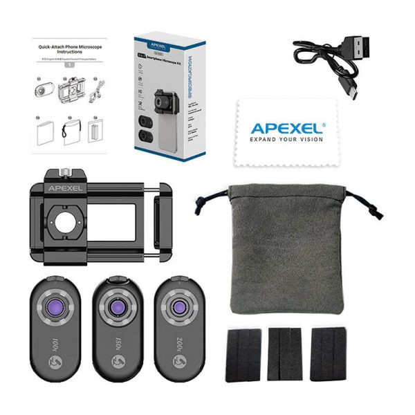 3x CPL lens / microscope for smartphone Apexel APL-MS3IN1, 200x / 150x / 100x - Image 4