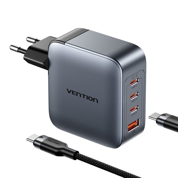 Vention power charger 3x USB-C, 1x USB-A, (100W/100W/30W/30W) (grey) with USB-C to USB-C cable (1m) (black) — изображение 2