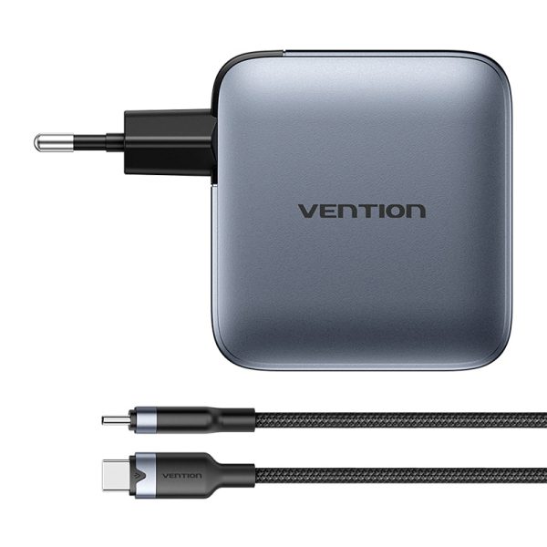 Vention power charger 3x USB-C, 1x USB-A, (100W/100W/30W/30W) (grey) with USB-C to USB-C cable (1m) (black) — изображение 3