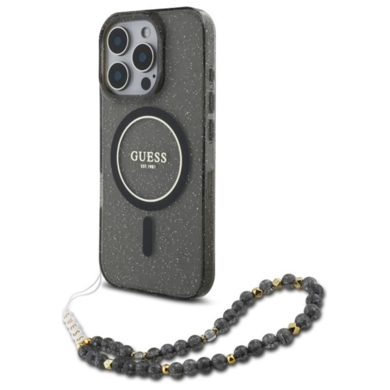 Guess IML Glitter With Pearl Strap MagSafe - Case for iPhone 16 Pro (Black)