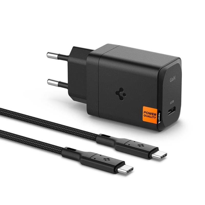 Spigen ArcStation Pro GaN-651 - USB-C Wall Charger PD 3.0 PPS 65W + USB-C Cable (Black)